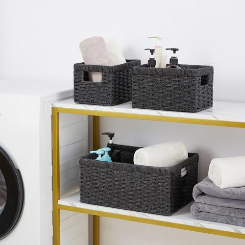 Vagusicc Wicker Storage Basket, Set of 3 Wicker Basket, Hand-Woven Paper Rope Storage Baskets for Organizing, Large Cube Storage Organizer Bins Baskets for Shelves Small Toilet Paper Baskets, Black - Image 6