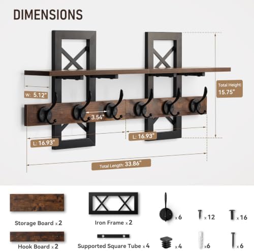 33.86" Wall Mounted Coat Rack with Shelf, Heavy Duty Entryway Wall Organizer with 6 Dual Hooks and Key Holder, Rustic Wood Coat Hanger for Coats, Bags, Hats, Hallway, Mudroom, Bathroom (Brown) - Image 4