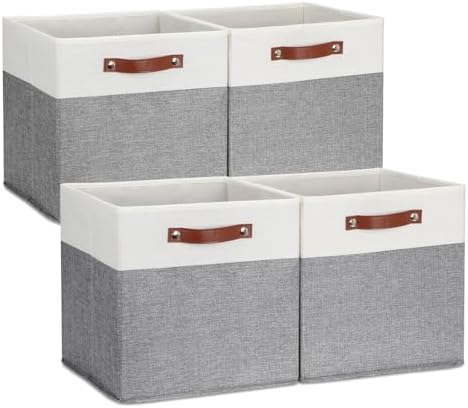 DULLEMELO Storage Cubes 13 inch, Collapsible Sturdy Cube Storage Bins With Handles for Organizing,Fabric Storage Baskets for Shelves Nursery Closet Home Organization (White&Grey-4 Pack) by DULLEMELO