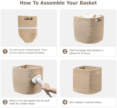 UBBCARE Set of 4 Storage Basket-12 X 12 X 12 in, Cotton Rope Basket for Shelves, Toys, Book, Cube Storage Bins with Handles, Woven Storage Basket for Organizing, Brown - Image 7