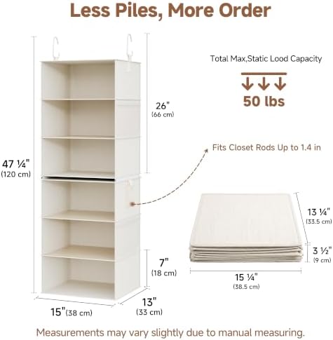 StorageWorks Hanging Closet Organizer, 6-Shelf with 2-in-1 Design, Ivory - Image 2