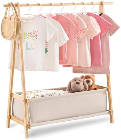 Kids Clothing Rack with Storage Box, Kids Dress Up Rack, Dance Costume Garment Rack for Hanging Clothes,Garment Rack for Hanging Clothes Organizer, Bamboo (Natural) by SinoSalected