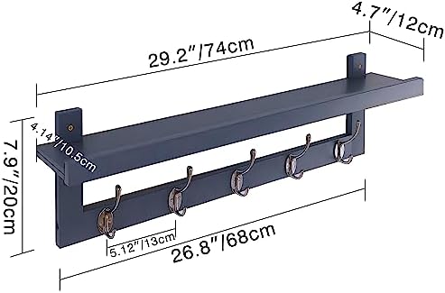 SMIBUY Coat Hooks with Shelf Wall-Mounted, 29.2 Inch Entryway Coat Rack for Wall, Bamboo Hanging Shelf with 5 Double Metal Hooks for Bathroom, Bedroom, Kitchen, Living Room, Mudroom (Grey) - Image 4