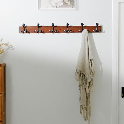 SKOLOO 39-Inch Cherry Wood Coat Rack Wall Mount with 6 Triple Hooks - Ideal for Family Entrances, Classrooms, and Pet Supplies Storage - Perfect Coat Hooks for Wall - Image 2