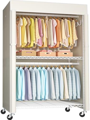 FUTASSI White Clothing Rack with Beige Cover, P1C Plus Rolling Closet by FUTASSI