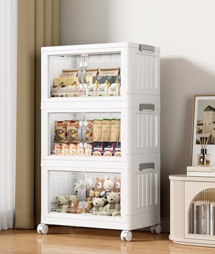 Hanyi 105 QT Stackable Storage Bins with Lids, 3 Tier Collapsible Plastic Storage Cabinet with Magnetic Doors, Removable Top Lid, Locking Wheels, Closet Organizer for Bedroom, Pantry, Office by Unknown