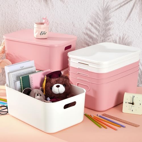 Hoolerry 8 Pieces Storage Bins, 13.8 x 9.8 x 5.9 Inch, White and Pink - Image 4