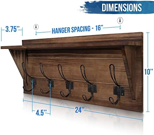 HBCY Creations Rustic Brown Solid Wood Wall Mounted Coat Rack with Shelf, 5 Hooks, 24" Long - Kitchen, Mudroom, Entryway, Bathroom - Includes Mounting Hardware, Coat Hanger, Dog Leash Hooks - Image 2