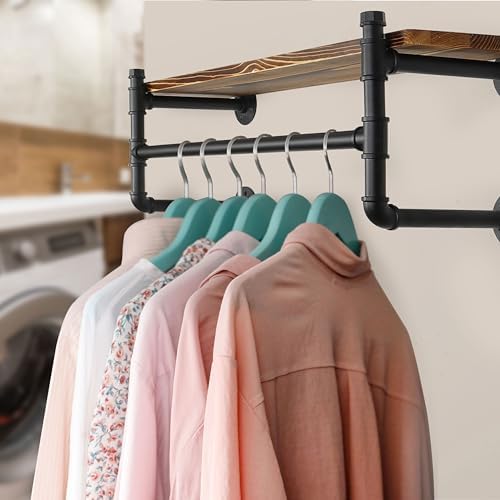 WEBI Wall Mounted Clothes Rack with Shelf,41.3" Long Industrial Pipe Clothing Rack with Shelves,Heavy Duty Iron Garment Rack Bar,Retail Display Clothes Rod for Clothes,Laundry Room,Black - Image 5
