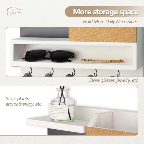 Key Holder for Wall Mount with Mail Organizer, Farmhouse Key Holder for Wall with Shelf, Chalkboard&Corkboard, Entryway Organizer 11 Metal Hooks, Decorative Natural Pine Wood, 14.6*11.1*3.3”, B-White - Image 2