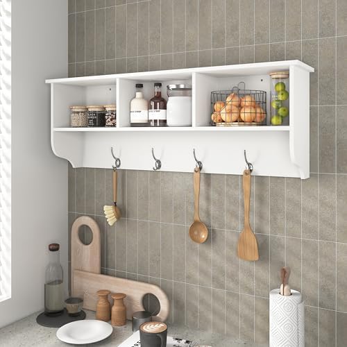 Wall Mounted Coat Rack Shelf,4 Dual Hooks,3 Cubbies,White - Image 5