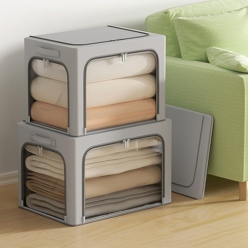 3Pack Clothes Storage Bins - Oxford Frame Storage Box Foldable Stackable Storage Organizer with 3 Openings Design, Metal Frame, Clear Window, Carry Handles (Grey, 100L-23.6 * 16.5 * 15.7in) - Image 6