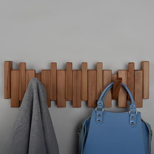Beech Piano Key Coat Rack with 8 Flip Hooks, Natural - Image 6