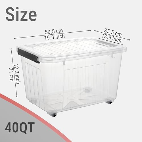 Cetomo Plastic Storage Bins, Lidded Storage Box with Wheels for Home Office Dorm, Wheeled, Stackable, Clear, 40Quart-6 Pack - Image 4