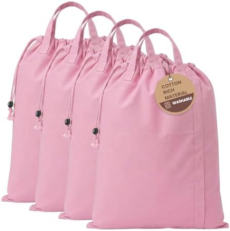 LFH Home Large Premium Cotton Rich Canvas Laundry Bag with Drawstring and Handles Heavy Duty, Multi-Use, Washable for Home, Travel, College or Storage 28x36 (Pack of 4)-Pink by LFHHomePrivateLimited