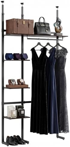 MZG Closet Organizer System, Freestanding Closet System with Wood Shelves & Hanging Rod, Adjustable Floor-to-Ceiling Open Wardrobe for Bedroom, Apartment & Small Closet (16.8"D x 48.4"W x 137.7"H) by MEIGAOPLASTICANDMETALHKCOLIMITED