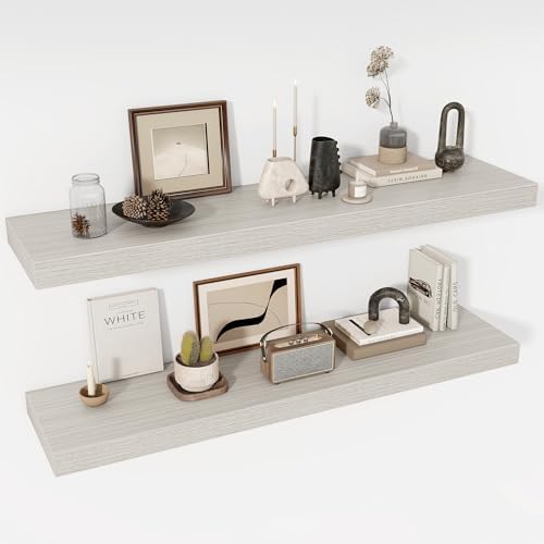 Acovy 48 Inch Floating Shelves, 12" Deep Floating Shelf Wall Mounted, 48" Wall Shelves, Rustic Deep Bookshelf, Extra Deeper & Thicker Display Shelves for Bedroom, Living Room, Gray, Set of 2 by Acovy