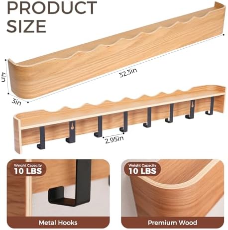 Coat Rack Wall Mount with Shelf Entryway Shelf Modern Key Holder Hanger Wall Shelves with Hidden Hooks for Hanging Towels Coats Hats Bags for Hallway Bathroom Bedroom (Wavy Oak, 8 Hooks) - Image 2