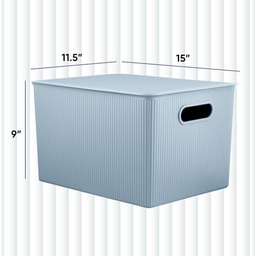 Superio Ribbed Collection - Decorative Plastic Basket Open Home Storage Bins Organizer, Blue Containers for Organizing Closet Storage Bins for Shelves (Bin with Lid- Extra Large (22 Liter), 1 Pack) - Image 2