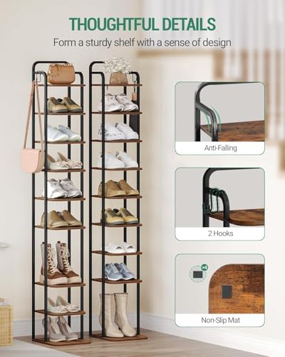 Hzuaneri 10 Tiers Vertical Shoe Rack, Tall Shoe Shelf with 2 Hooks - Image 3
