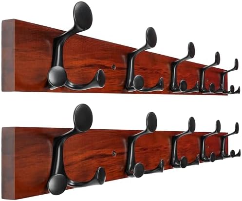 WEBI Coat Rack Wall Mount,30" Solid Wood Coat Hooks Wall Mounted Coat Hanger,16" Hole to Hole,Heavy Duty Hook Rack Rail,5 Triple Hooks for Hanging Coats,Jacket,Clothes,Hat,Backpack,Cherry,2 Packs by WEBI