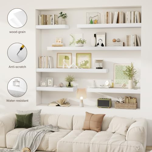 Acovy 30 Inch Floating Shelves, 12" Deep Floating Shelf Wall Mounted, 30" Wall Shelves, Rustic Deep Bookshelf, Extra Deeper & Thicker Display Shelves for Bedroom, Living Room, White, Set of 2 - Image 7