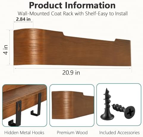 Coat Rack Wall Mount with Hidden Hooks Modern Key Holder Wood Entryway Hook with Shelf for Bedroom Kitchen Hallway Bathroom Designed for Hanging Coats Hats Bags Towel Dog Leashe(Walnut,5 Hooks) - Image 3