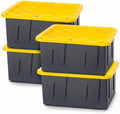 HOMZ 4-Pack Durabilt Tote, Heavy Duty Plastic Storage Bins with Lids, 27 Gallon, Black/Yellow - Stackable Organizing Containers for Home, Garage, and Office by Homz