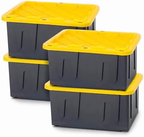 HOMZ 4-Pack Durabilt Tote, Heavy Duty Plastic Storage Bins with Lids, 27 Gallon, Black/Yellow - Stackable Organizing Containers for Home, Garage, and Office by Homz