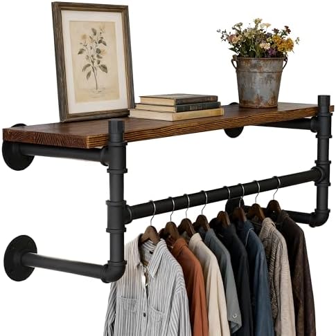 WEBI Wall Mounted Clothes Rack with Shelf,27" Industrial Pipe Clothing Rack with Shelf with Hanging Rod,Heavy Duty Iron Garment Rack Bar,Retail Display Clothes Rod for Laundry Room,Closet,Black by WEBI