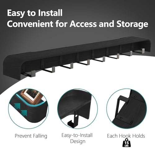 Coat Rack Wall Mount with Shelf 8 Hidden Hooks Modern Wooden Key Holder Entryway Organizer for Hallway Bedroom Bathroom Home Decor Storage for Hanging Coats Hats Bags Towels, Black - Image 4