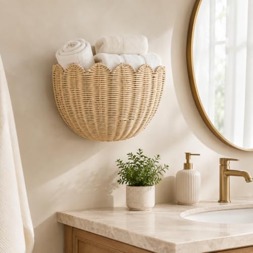 Set of 2 Scalloped Hanging Wicker Baskets for Wall, Scalloped Home Decor, Hanging Woven Rattan Wall Basket for Flowers Front Door Bathroom Storage (Imitation Rattan) - Image 7