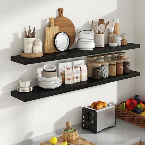 Acovy 55 Inch Floating Shelves, 8 Inch Deep Floating Shelves for Wall, Hanging Shelf with Invisible Brackets, Deep Shelves for Bathroom, Bedroom, Living Room, Black, Set of 2 - Image 2