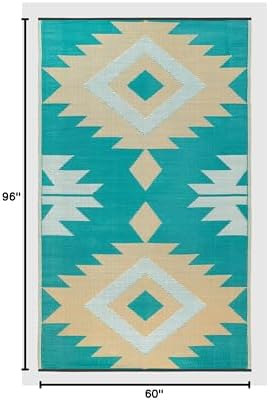 FH Home Outdoor Rug - Waterproof, Fade Resistant, Reversible - Premium Recycled Plastic - Geometric - Patio, Deck, Porch, Balcony - Bursa Kilim - Teal Crease Free - 5 x 8 ft - Image 2