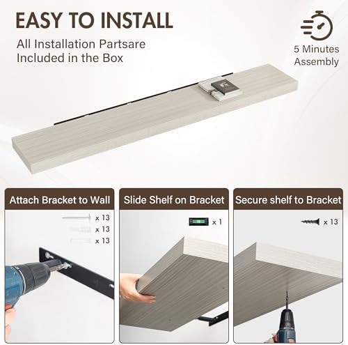 Acovy 72 Inch Floating Shelves, 12" Deep Floating Shelf Wall Mounted, 72" Wall Shelves, Rustic Deep Bookshelf, Extra Deeper & Thicker Display Shelves for Bedroom, Living Room, Gray, Set of 1 - Image 6