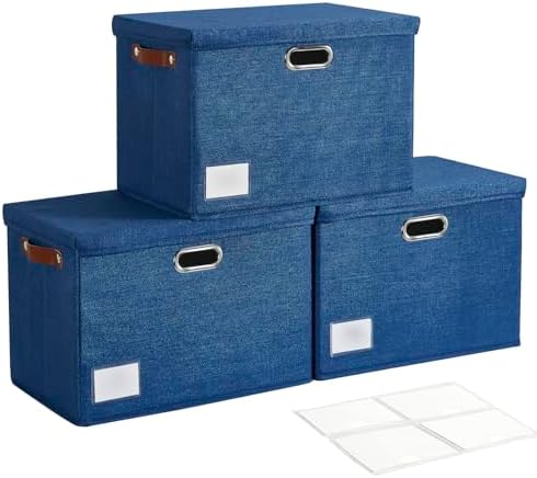 17" Large Fabric Storage Box with Lids, 3-Pack, Navy by Roobyl