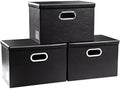 PRANDOM Collapsible Storage Bins with Lids [3-Pack] Leather Fabric Foldable Storage Boxes Organizer Containers Baskets Cube with Cover for Bedroom Closet Office Nursery Black (14.9x10.8x10) by Prandom