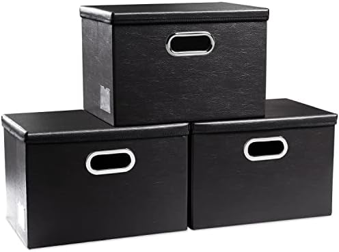 PRANDOM Collapsible Storage Bins with Lids [3-Pack] Leather Fabric Foldable Storage Boxes Organizer Containers Baskets Cube with Cover for Bedroom Closet Office Nursery Black (14.9x10.8x10) by Prandom