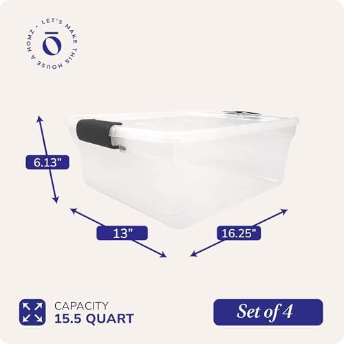 HOMZ Clear Plastic Storage Bins with Latching Lids, 15.5 Qt, Gray, 4 Pack - Image 4