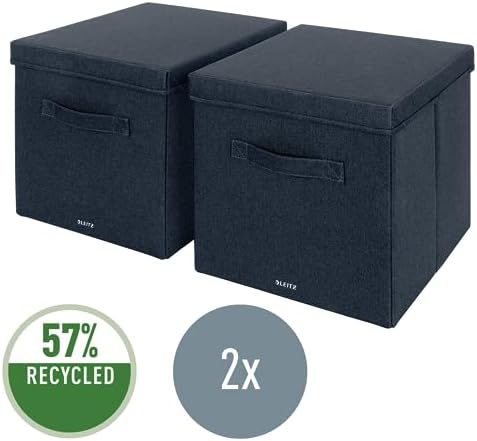 Leitz Fabric Storage Box with Lid, Set of 2 Cube Storage Unit Boxes, Foldable Fabric Ottoman Storage Box, Foldable & Eco Conscious Organiser Box, Recycle Range, Velvet Grey, Large, 61450089 - Image 3