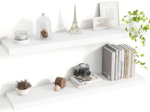 Acovy 36 Inch Floating Shelves, 8 Inch Deep Floating Shelves for Wall, Hanging Shelf with Invisible Brackets, Deep Shelves for Bathroom, Bedroom, Living Room, White, Set of 2 by Acovy