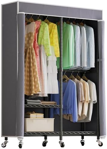 Higeego H9 Heavy Duty Rolling Clothes Rack with Cover, Covered Garment Rack with Wheels and Shelves, Wardrobe Closet, Portable Closet for Hanging Clothes, Black Clothing Rack with Grey Cover by Higeego
