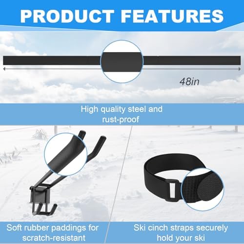48'' Ski Rack Wall Mount,12 Pairs Ski Holders for Wall with Movable Rubber-Coated Hooks for Garage Storage Organizer System, Snowboard Wall Mount for Garage and Home Shed, Holds Up to 880lbs - Image 3