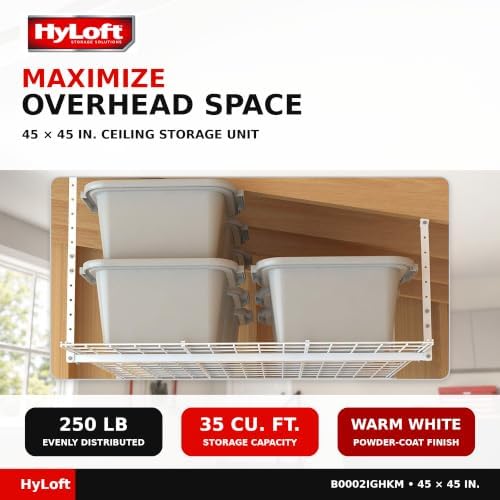HyLoft Overhead adjustable Garage Storage Rack,Heavy Duty Steel Garage Storage System, 45-Inch x 45-Inch, White - Image 3