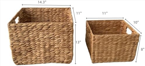 14" and 11" Handwoven Water Hyacinth Storage Baskets with Handles, Set of 2 – Natural Square Woven Organizer Bins for Shelves, Closet, or Living Room Décor - Image 5