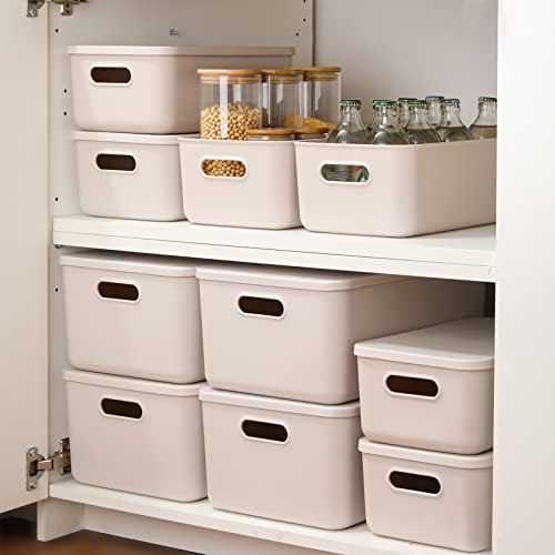 Yishyfier Plastic Storage Baskets With Lid Organizing Container Lidded Knit Storage Organizer Bins for Shelves Drawers Desktop Closet Playroom Classroom Office (M+2S, Light grey) - Image 2