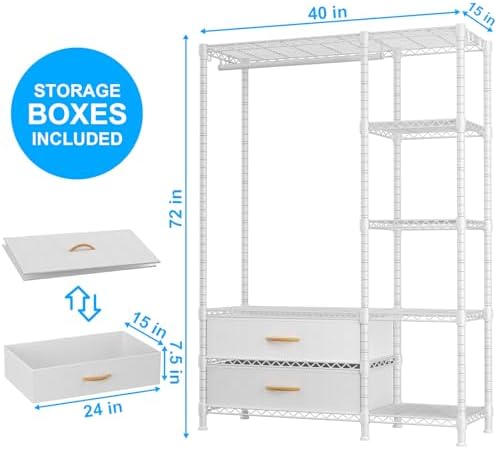 Ulif F3 Heavy Duty Clothes Rack（With Fabric Drawers）Freestanding Clothing Racks for Hanging Clothes，Adjustable Closet Organizer System，Portable Garment Rack 40" W x 15" D x 72" H，Max Load 700LBS，White - Image 2