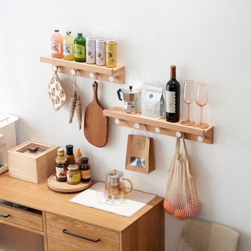 Wall Hooks with Shelf 24 inch, Beech Wood Entryway Wall with 5 Hooks, Floating Shelf Coat Rack for Bathroom, Living Room, Bedroom - Image 5