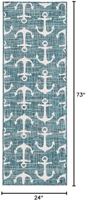Unique Loom Outdoor Coastal Collection Area Rug - Ahoy (2' x 6' Runner Teal/Ivory) - Image 2