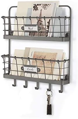 Spectrum Mail and Key Organizer for Wall, Vintage 2-Tier Mail Holder for Wall with 5 Key Hooks, Farmhouse Entryway Key and Mail Holder, Hanging Mail Organizer Rack for Letters Bills, Industrial Gray - Image 3